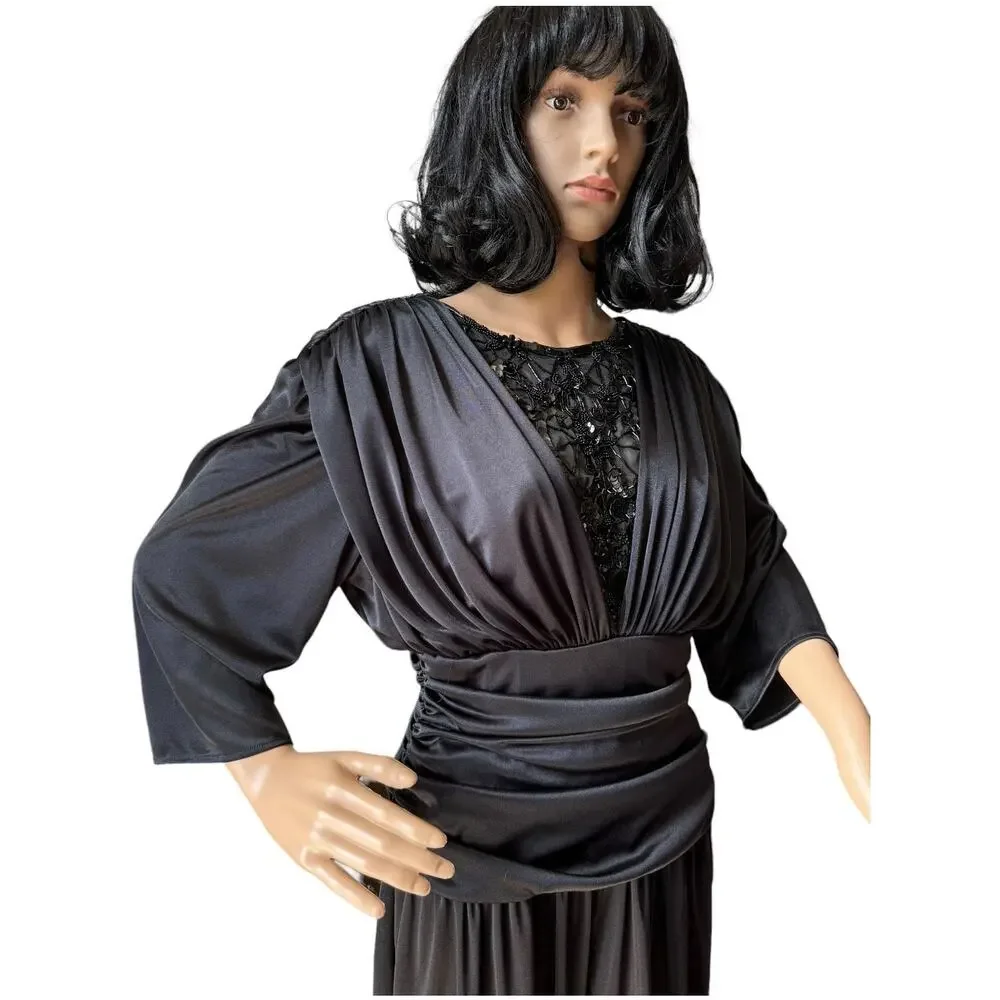 Vintage 1980s Abby Kent Black Beaded Sequin Ruched Jumpsuit Made USA Small